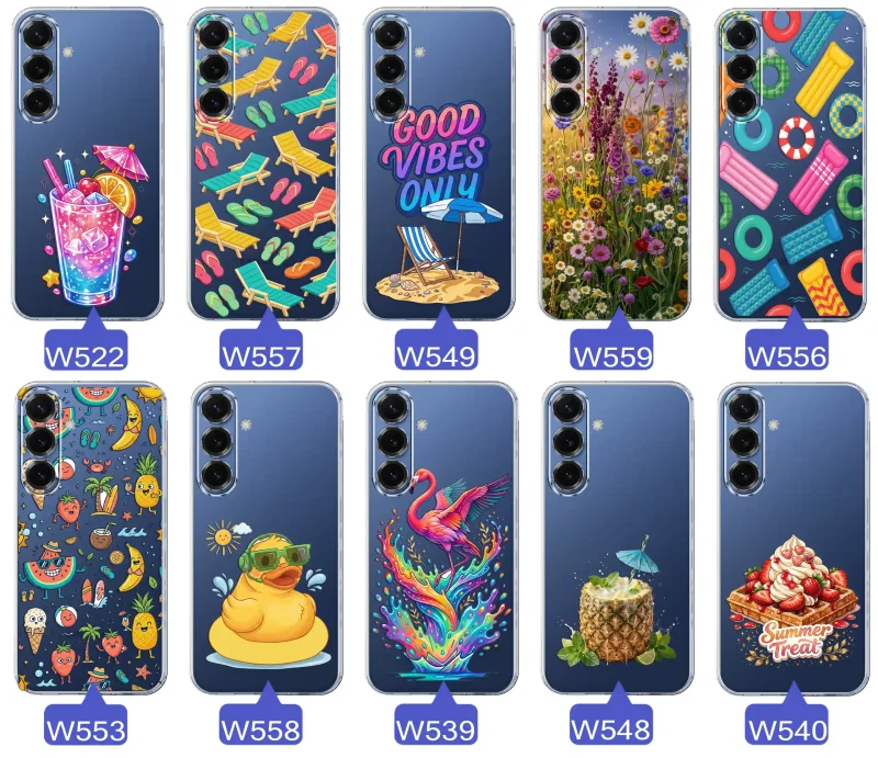 Zestaw przezroczystych etui do Samsung Galaxy S25+ Plus z wakacyjnymi motywami drinka, leżaków, napisu good vibes, kwiatów, flaminga, ananasa i deseru