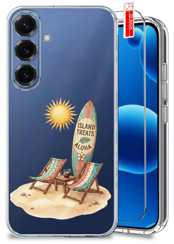 Przezroczyste etui wakacyjne do Samsung Galaxy S25 FE z nadrukiem plaży, słońca, leżaków i deską surfingową oraz szkłem hartowanym w zestawie