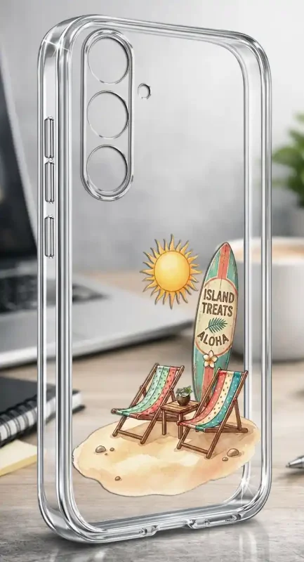Etui na lato do Samsung Galaxy S25 FE z motywem Island Treats Aloha, kolorowymi leżakami i plażowym nadrukiem na przezroczystej obudowie