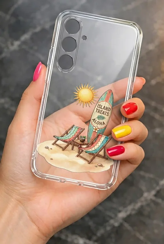 Przezroczyste etui letnie do Samsung Galaxy S25 FE z nadrukiem plaży, słońca i deski surfingowej, prezentowane w dłoni