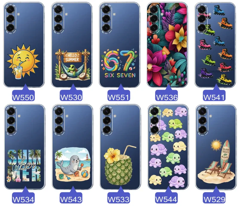 Kolekcja letnich wzorów etui do Samsung Galaxy S25 FE z motywami słońca, żółwia, six seven, tropikalnych kwiatów, rolek, plaży i kokosa