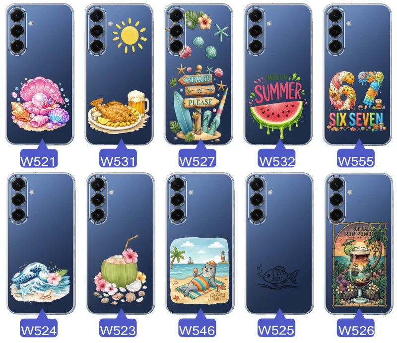 Różne wzory etui wakacyjnych do Samsung Galaxy S25 FE z grafikami muszelek, ryby, plaży, arbuza, lodów, foki, kokosa i tropikalnego drinka