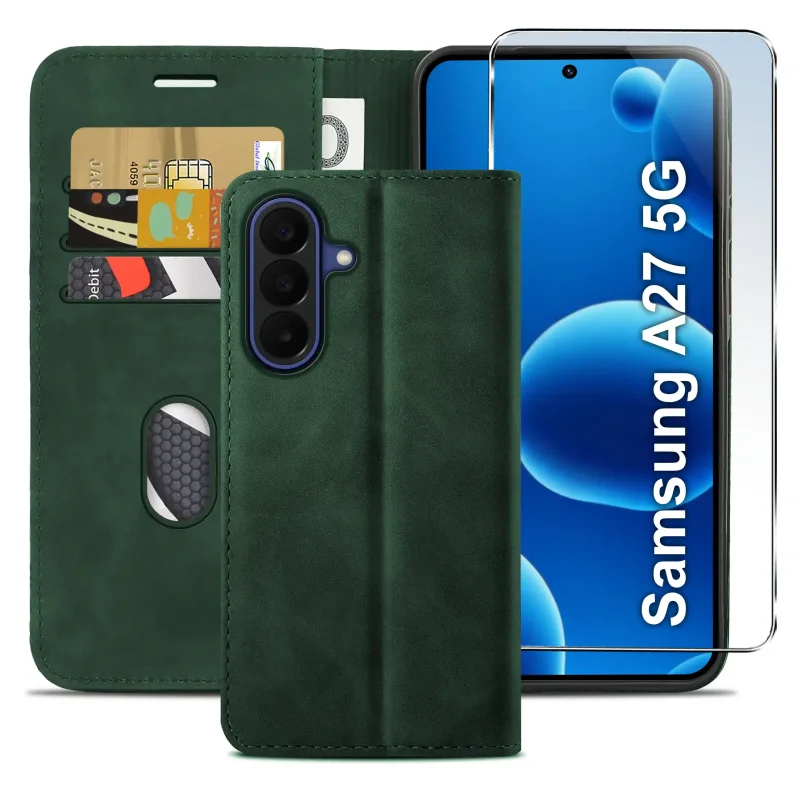 Zielone etui z klapką do Samsung Galaxy A27 5G z trzema kieszonkami na karty, przegrodą na banknoty oraz szkłem hartowanym na ekran