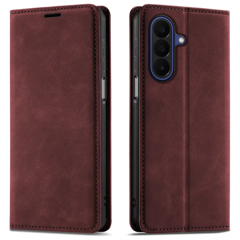 Bordowe etui z klapką Velvet do Samsung Galaxy A27 5G pokazane z przodu i z tyłu, z wycięciem na aparat oraz zamykaną konstrukcją