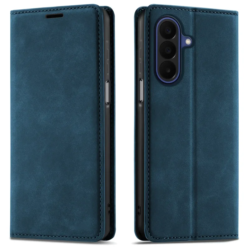 Granatowe etui z klapką Velvet do Samsung Galaxy A27 5G pokazane z przodu i z tyłu, z wycięciem na aparat oraz zamykaną konstrukcją