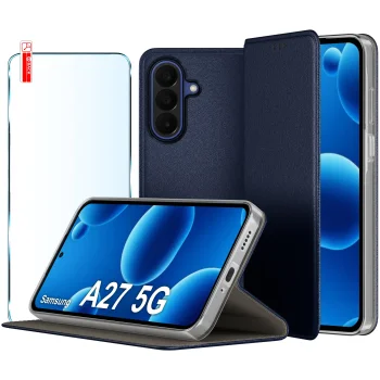 Etui do Samsung Galaxy A27 5G granatowe magnetyczne zamykane ze szkłem