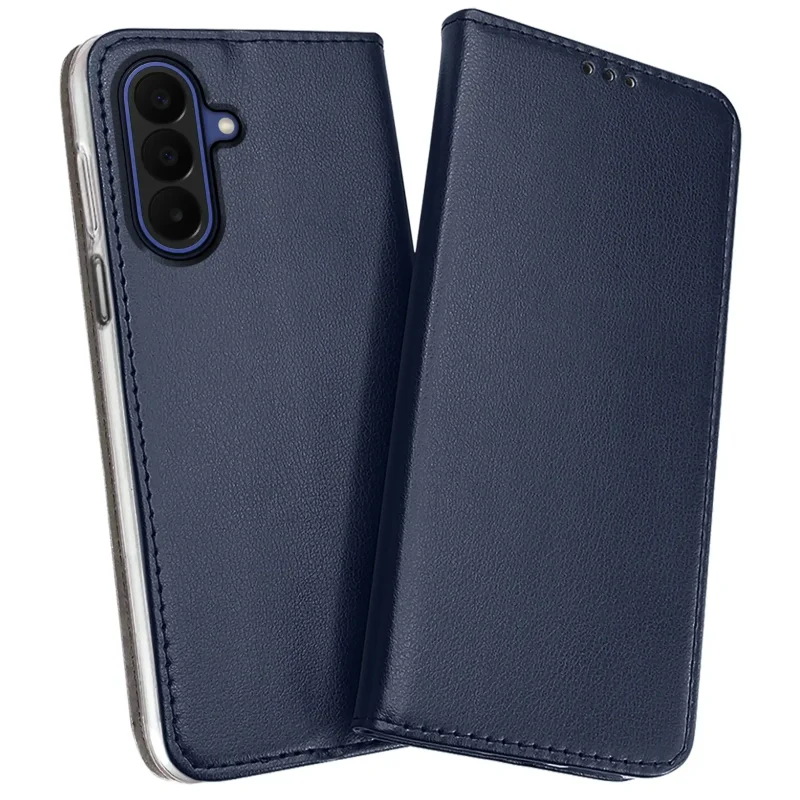 Skórzane etui z klapką do Samsung Galaxy A27 5G w kolorze granatowym z ochroną wyspy aparatów, miękkim wnętrzem i magnetycznym zamknięciem