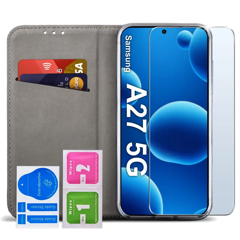 Wnętrze zielonego etui do Samsung Galaxy A27 5G z kieszonką na karty, szkłem hartowanym 9H oraz akcesoriami do montażu ochrony ekranu
