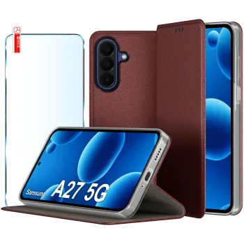 Etui do Samsung Galaxy A27 5G bordowe magnetyczne zamykane ze szkłem