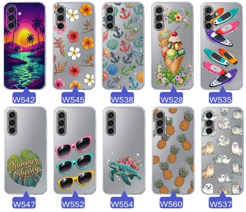 Kolekcja wakacyjnych wzorów etui do Samsung Galaxy A17 5G: palmy, kwiaty, kotwice, lody, deski surfingowe, ananasy i foki