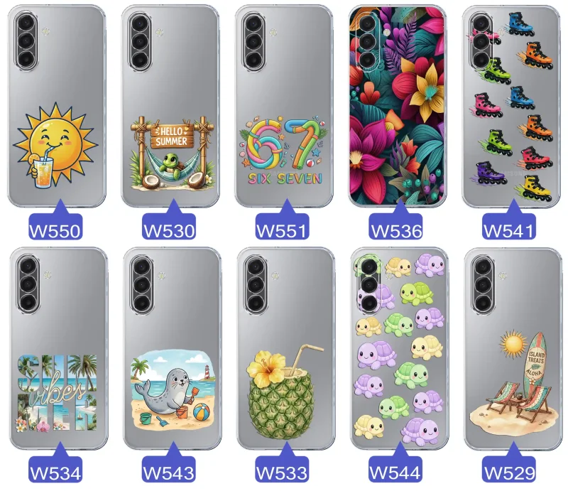 Kolekcja letnich wzorów etui do Samsung Galaxy A17 5G z motywami słońca, żółwia, six seven, tropikalnych kwiatów, rolek, plaży i kokosa