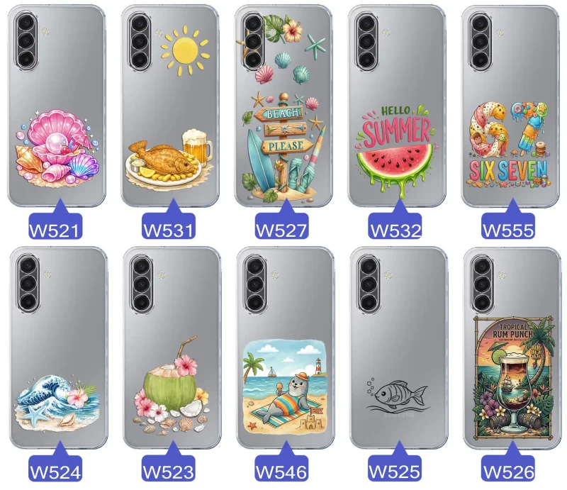 Różne wzory etui wakacyjnych do Samsung Galaxy A17 5G z grafikami muszelek, ryby, plaży, arbuza, lodów, foki, kokosa i tropikalnego drinka