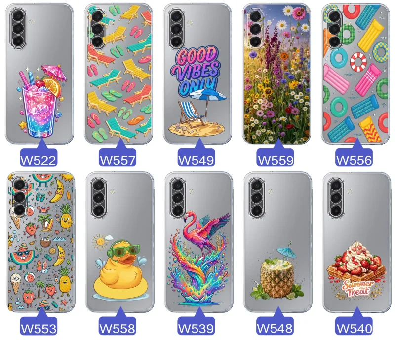 Zestaw przezroczystych etui do Samsung Galaxy A17 5G z wakacyjnymi motywami drinka, leżaków, napisu good vibes, kwiatów, flaminga, ananasa i deseru
