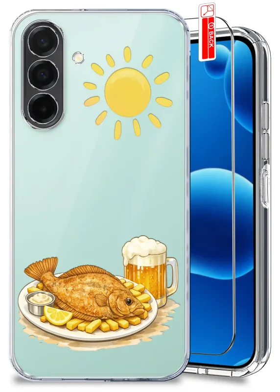 Przezroczyste etui wakacyjne do Samsung Galaxy A26 5G z nadrukiem ryby z frytkami, cytryną, kuflem piwa i słońcem oraz szkłem hartowanym w komplecie