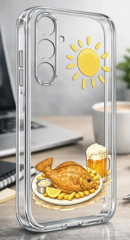 Etui na lato do Samsung Galaxy A26 5G z zabawnym motywem smażonej ryby, frytek, piwa i słońca na przezroczystej obudowie