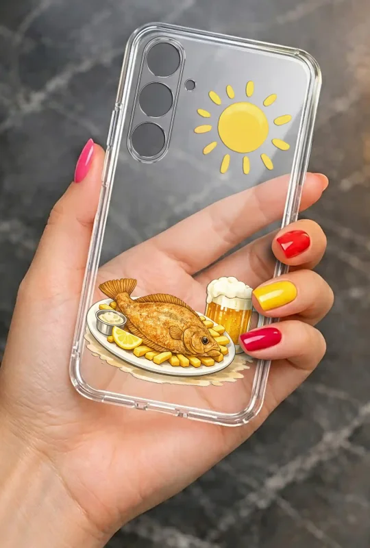 Przezroczyste etui letnie do Samsung Galaxy A26 5G z nadrukiem ryby z frytkami, kuflem piwa i słońcem, prezentowane w dłoni