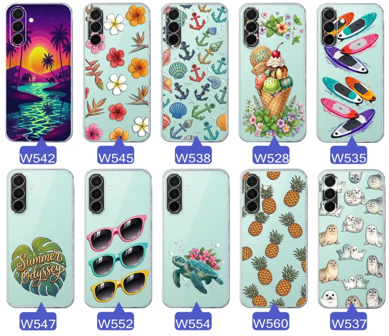 Kolekcja wakacyjnych wzorów etui do Samsung Galaxy A26 5G: palmy, kwiaty, kotwice, lody, deski surfingowe, ananasy i foki