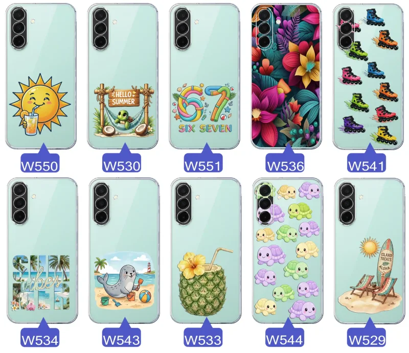 Kolekcja letnich wzorów etui do Samsung Galaxy A26 5G z motywami słońca, żółwia, six seven, tropikalnych kwiatów, rolek, plaży i kokosa