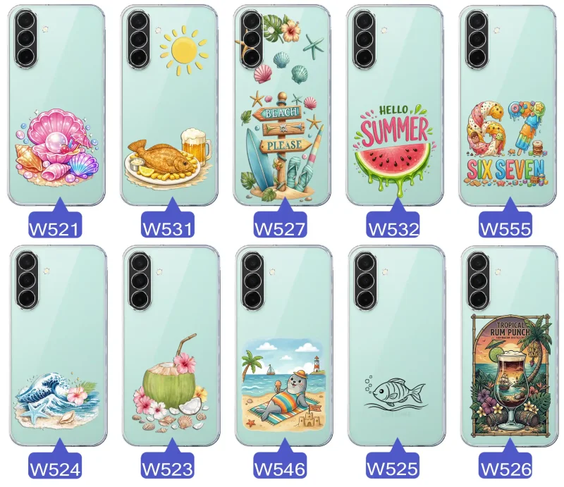 Różne wzory etui wakacyjnych do Samsung Galaxy A26 5G z grafikami muszelek, ryby, plaży, arbuza, lodów, foki, kokosa i tropikalnego drinka
