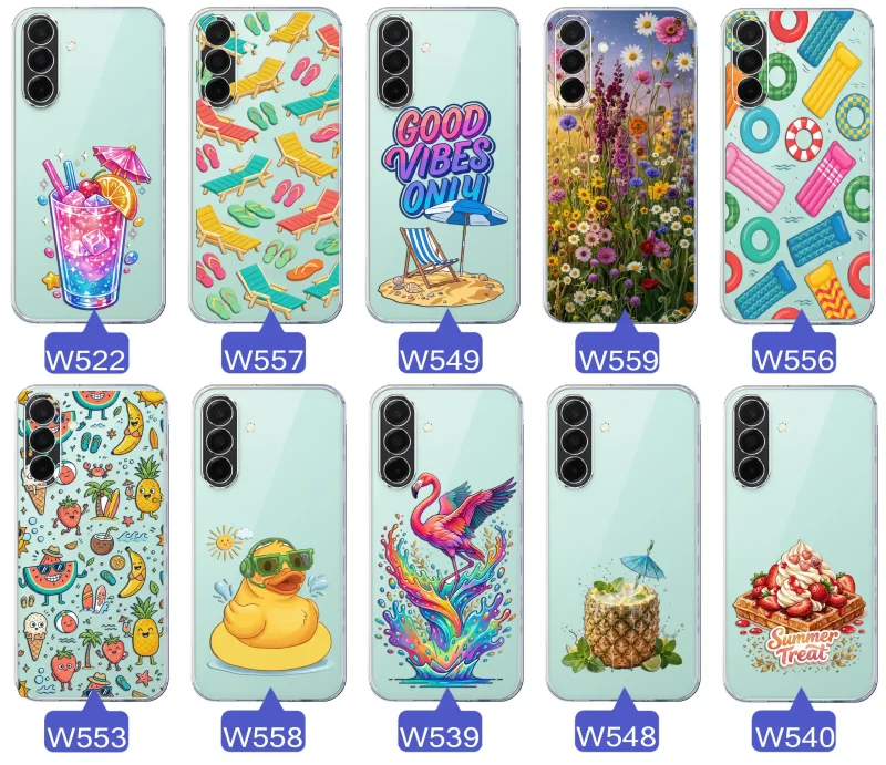 Zestaw przezroczystych etui do Samsung Galaxy A26 5G z wakacyjnymi motywami drinka, leżaków, napisu good vibes, kwiatów, flaminga, ananasa i deseru