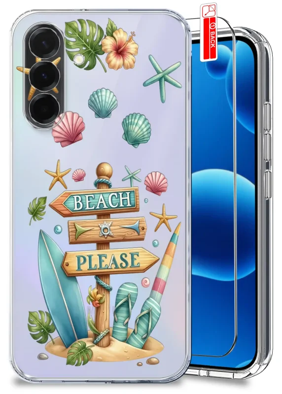 Przezroczyste etui wakacyjne do Samsung Galaxy A36 5G z nadrukiem Beach Please, muszelkami, deską surfingową i szkłem hartowanym w komplecie