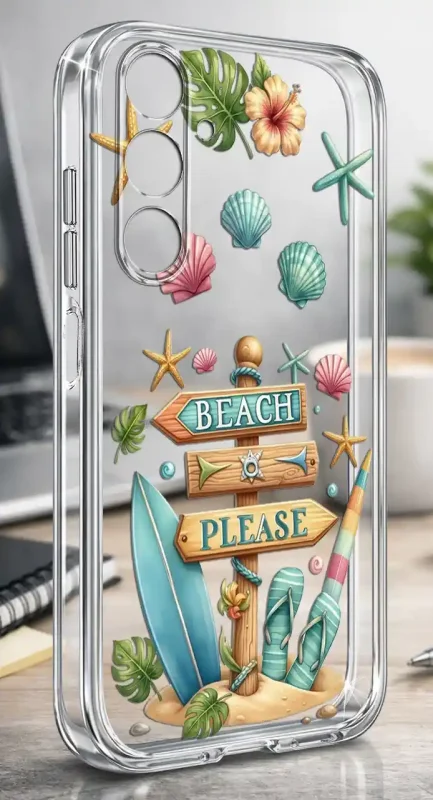 Etui na lato do Samsung Galaxy A36 5G z motywem plaży, klapkami, deską surfingową i kolorowymi muszelkami na przezroczystej obudowie