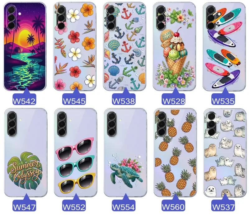 Kolekcja wakacyjnych wzorów etui do Samsung Galaxy A36 5G: palmy, kwiaty, kotwice, lody, deski surfingowe, ananasy i foki