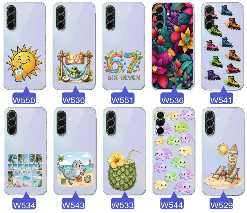 Kolekcja letnich wzorów etui do Samsung Galaxy A36 5G z motywami słońca, żółwia, six seven, tropikalnych kwiatów, rolek, plaży i kokosa