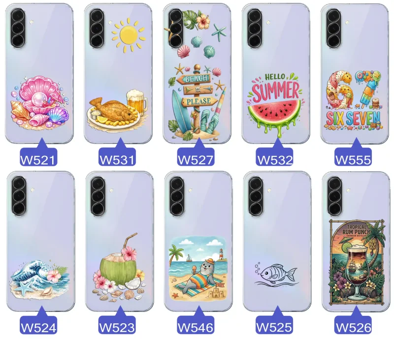 Różne wzory etui wakacyjnych do Samsung Galaxy A36 5G z grafikami muszelek, ryby, plaży, arbuza, lodów, foki, kokosa i tropikalnego drinka