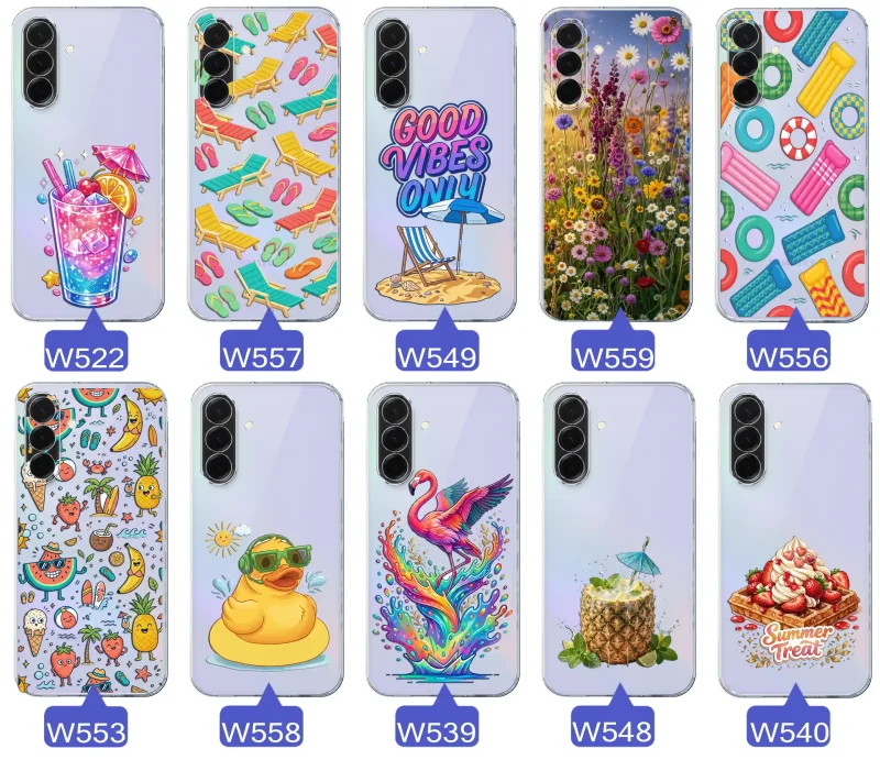 Zestaw przezroczystych etui do Samsung Galaxy A36 5G z wakacyjnymi motywami drinka, leżaków, napisu good vibes, kwiatów, flaminga, ananasa i deseru