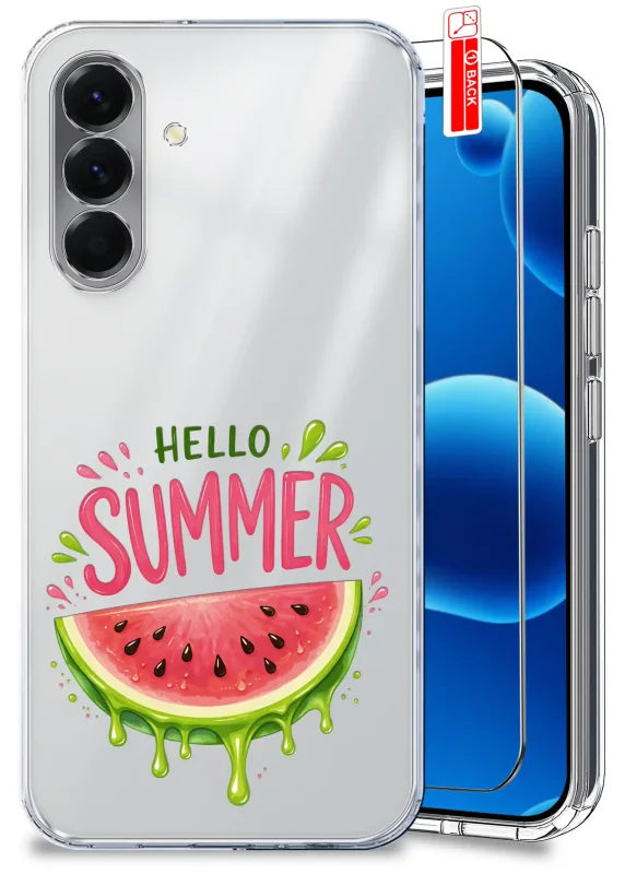 Przezroczyste etui wakacyjne do Samsung Galaxy A56 5G z nadrukiem Hello Summer, arbuzem i szkłem hartowanym w komplecie