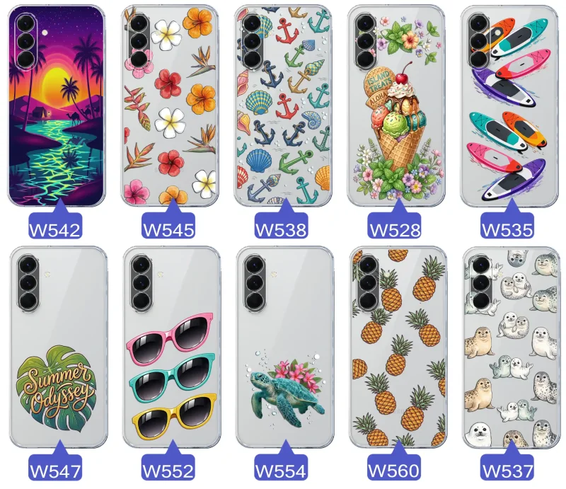 Kolekcja wakacyjnych wzorów etui do Samsung Galaxy A56 5G: palmy, kwiaty, kotwice, lody, deski surfingowe, ananasy i foki
