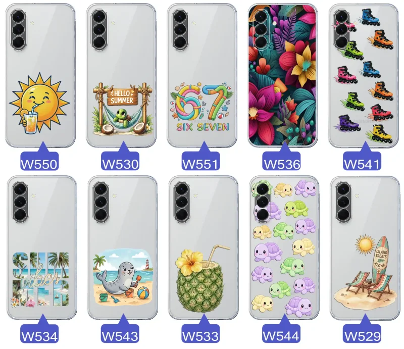 Kolekcja letnich wzorów etui do Samsung Galaxy A56 5G z motywami słońca, żółwia, six seven, tropikalnych kwiatów, rolek, plaży i kokosa