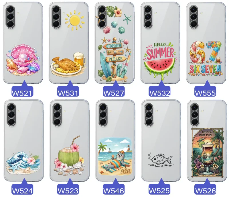 Różne wzory etui wakacyjnych do Samsung Galaxy A56 5G z grafikami muszelek, ryby, plaży, arbuza, lodów, foki, kokosa i tropikalnego drinka
