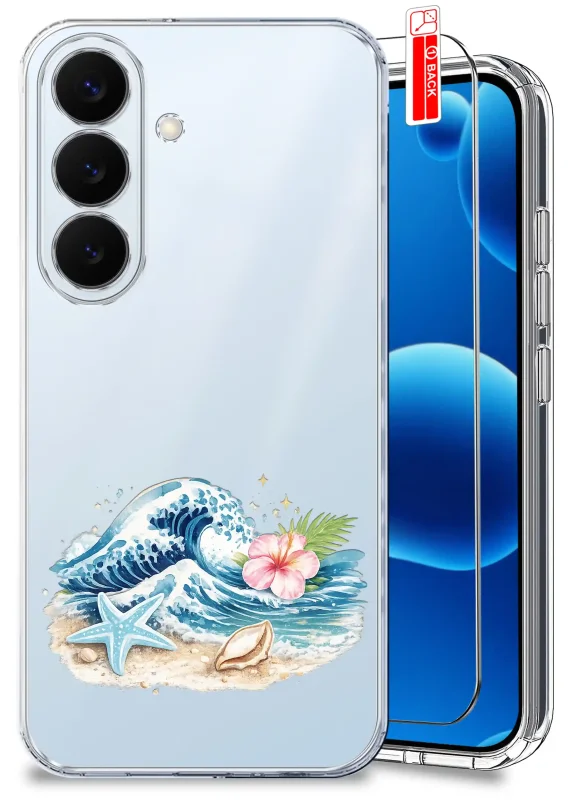 Przezroczyste etui wakacyjne do Samsung Galaxy S26 z nadrukiem morskiej fali, rozgwiazdy, muszli i różowego kwiatu oraz szkłem hartowanym w komplecie