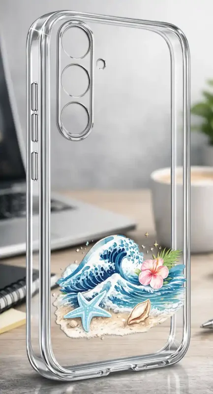 Etui na lato do Samsung Galaxy S26 z motywem fali, plaży, rozgwiazdy i tropikalnego kwiatu na przezroczystej obudowie