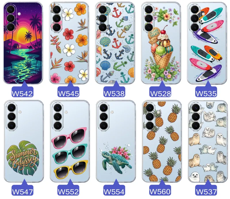 Kolekcja wakacyjnych wzorów etui do Samsung Galaxy S26: palmy, kwiaty, kotwice, lody, deski surfingowe, ananasy i foki
