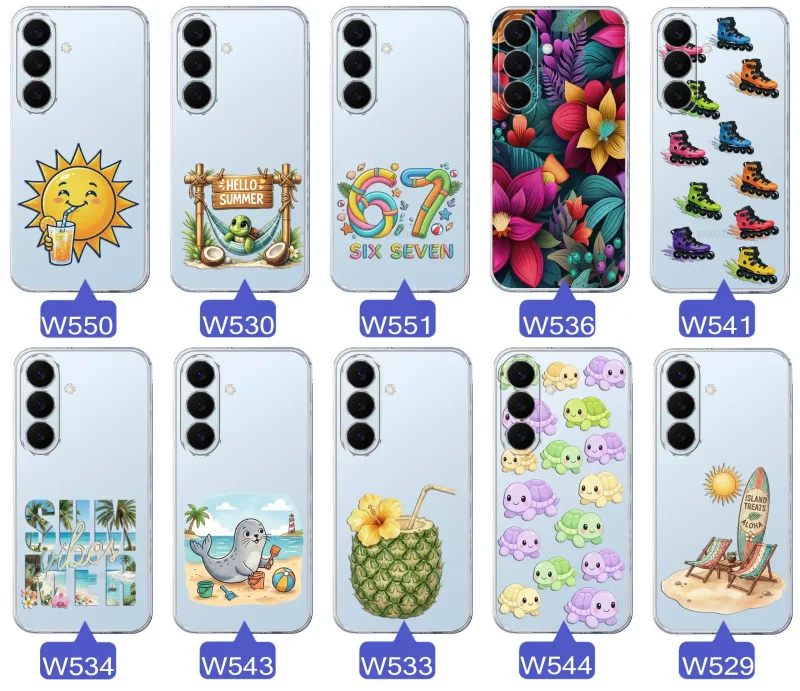 Kolekcja letnich wzorów etui do Samsung Galaxy S26 z motywami słońca, żółwia, six seven, tropikalnych kwiatów, rolek, plaży i kokosa