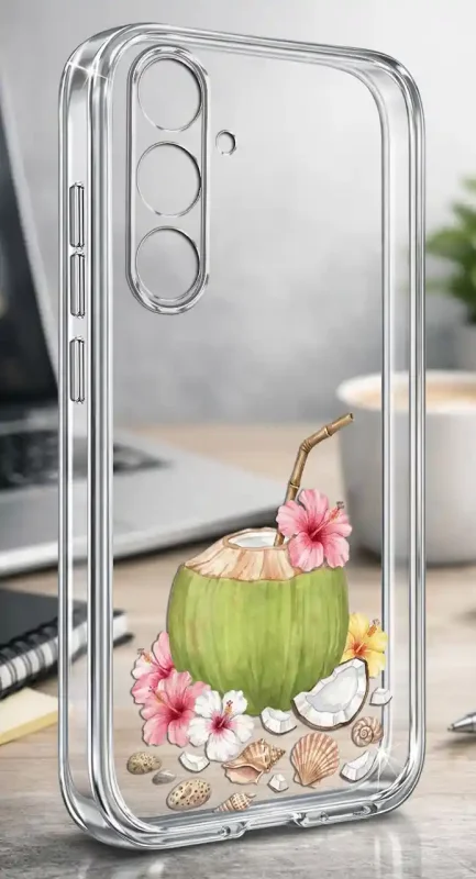 Etui na lato do Samsung Galaxy S26+ Plus z tropikalnym motywem kokosa, kwiatów hibiskusa i muszelek na przezroczystej obudowie