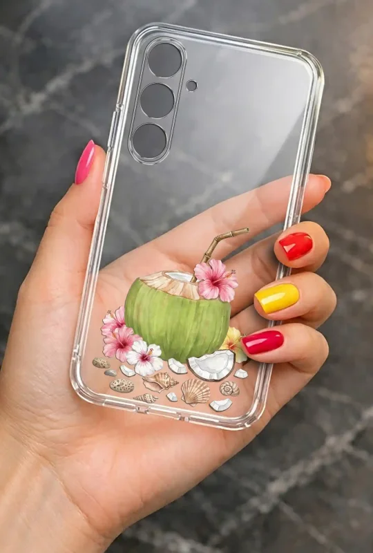 Przezroczyste etui letnie do Samsung Galaxy S26+ Plus z nadrukiem kokosa ze słomką, kwiatów i muszelek, prezentowane w dłoni