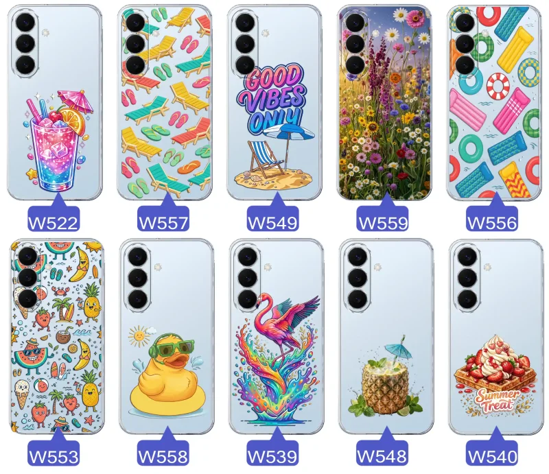Zestaw przezroczystych etui do Samsung Galaxy S26+ Plus z wakacyjnymi motywami drinka, leżaków, napisu good vibes, kwiatów, flaminga, ananasa i deseru