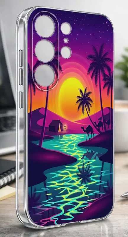 Etui na lato do Samsung Galaxy S26 Ultra z kolorowym motywem pustynnego zachodu słońca, palm i turkusowej wody na przezroczystej obudowie