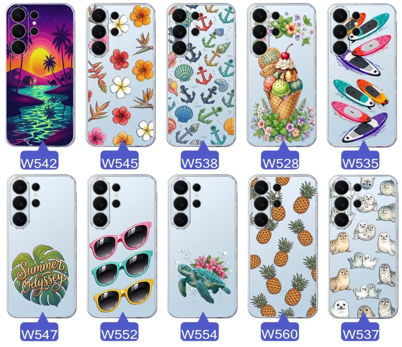 Kolekcja wakacyjnych wzorów etui do Samsung Galaxy S26 Ultra: palmy, kwiaty, kotwice, lody, deski surfingowe, ananasy i foki