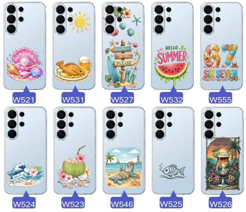 Różne wzory etui wakacyjnych do Samsung Galaxy S26 Ultra z grafikami muszelek, ryby, plaży, arbuza, lodów, foki, kokosa i tropikalnego drinka