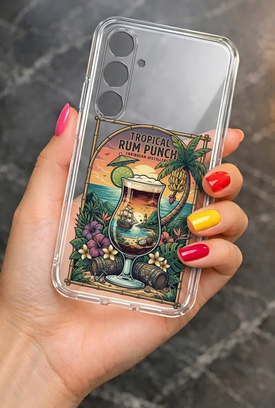 Przezroczyste etui letnie do Samsung Galaxy S25 z nadrukiem Tropical Rum Punch, plażą i palmami, prezentowane w dłoni