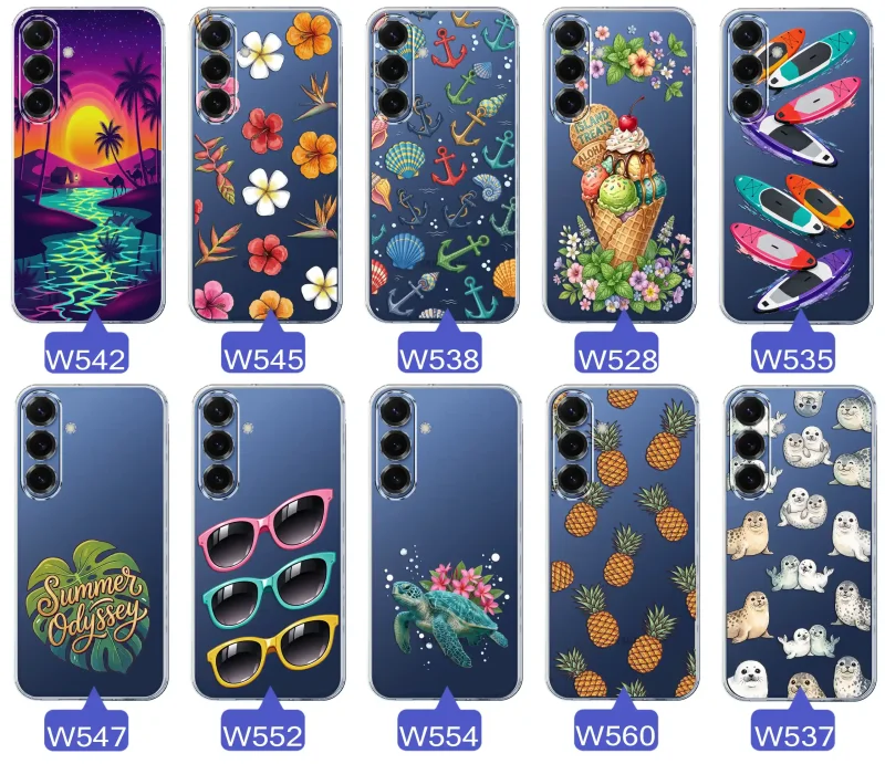 Kolekcja wakacyjnych wzorów etui do Samsung Galaxy S25: palmy, kwiaty, kotwice, lody, deski surfingowe, ananasy i foki