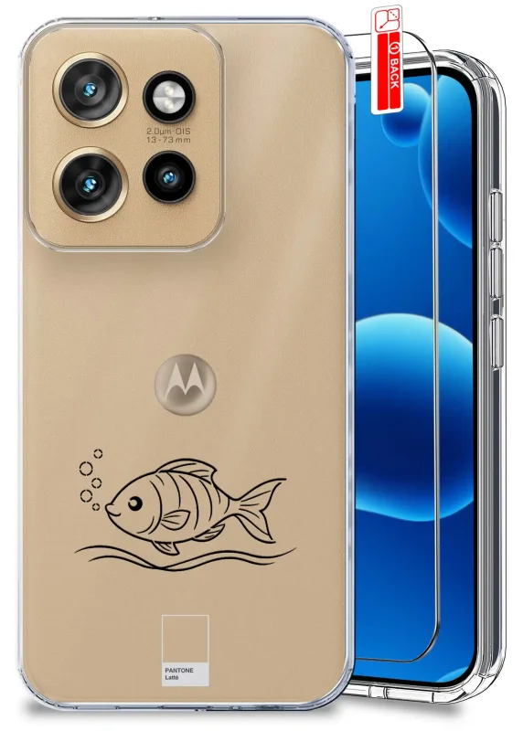 Przezroczyste etui do Motorola Edge 50 Neo z czarnym nadrukiem rybki, fal i szkłem hartowanym w komplecie