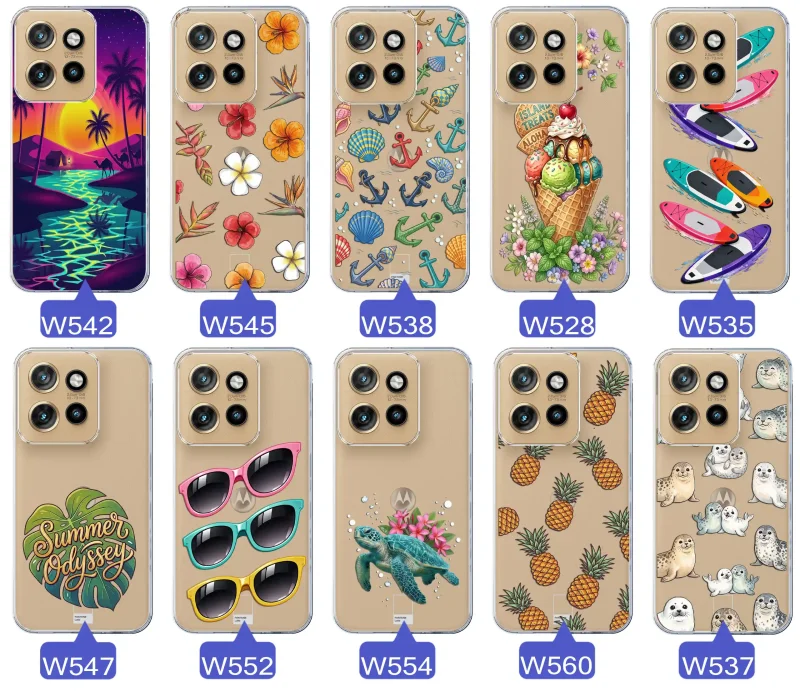 Kolekcja wakacyjnych wzorów etui do Motorola Edge 50 Neo: palmy, kwiaty, kotwice, lody, deski surfingowe, ananasy i foki