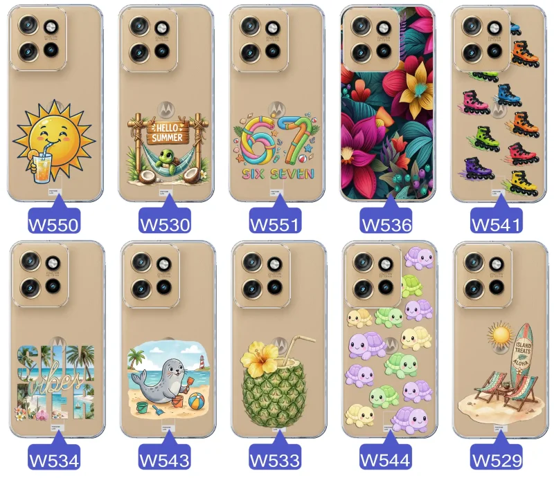 Kolekcja letnich wzorów etui do Motorola Edge 50 Neo z motywami słońca, żółwia, six seven, tropikalnych kwiatów, rolek, plaży i kokosa