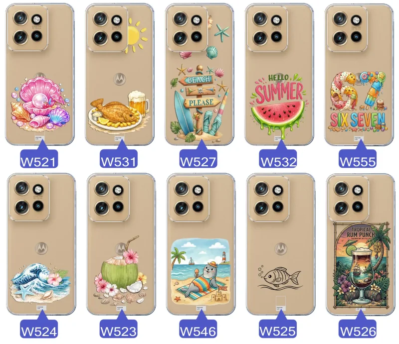 Różne wzory etui wakacyjnych do Motorola Edge 50 Neo z grafikami muszelek, ryby, plaży, arbuza, lodów, foki, kokosa i tropikalnego drinka